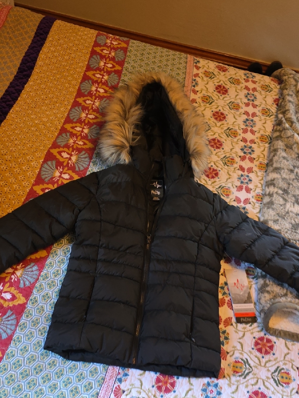 Girls Pulse Black Quilted Puffer Jacket with Faux Fur Trim Hood